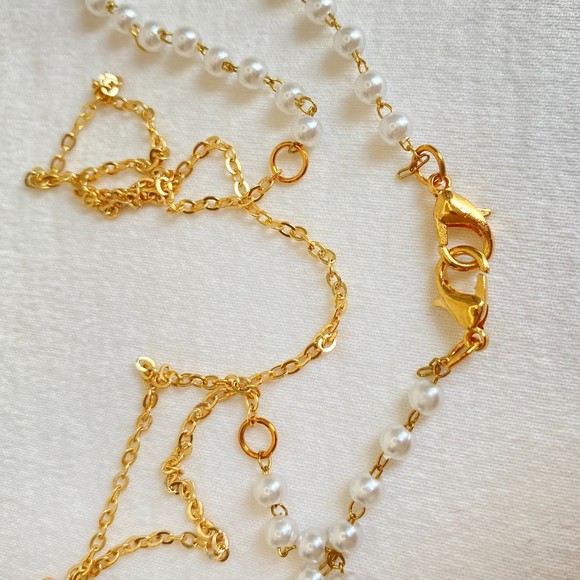 Opera Length Necklace Faux Pearl Back Gold Tone Cable Chain - Picture 5 of 5